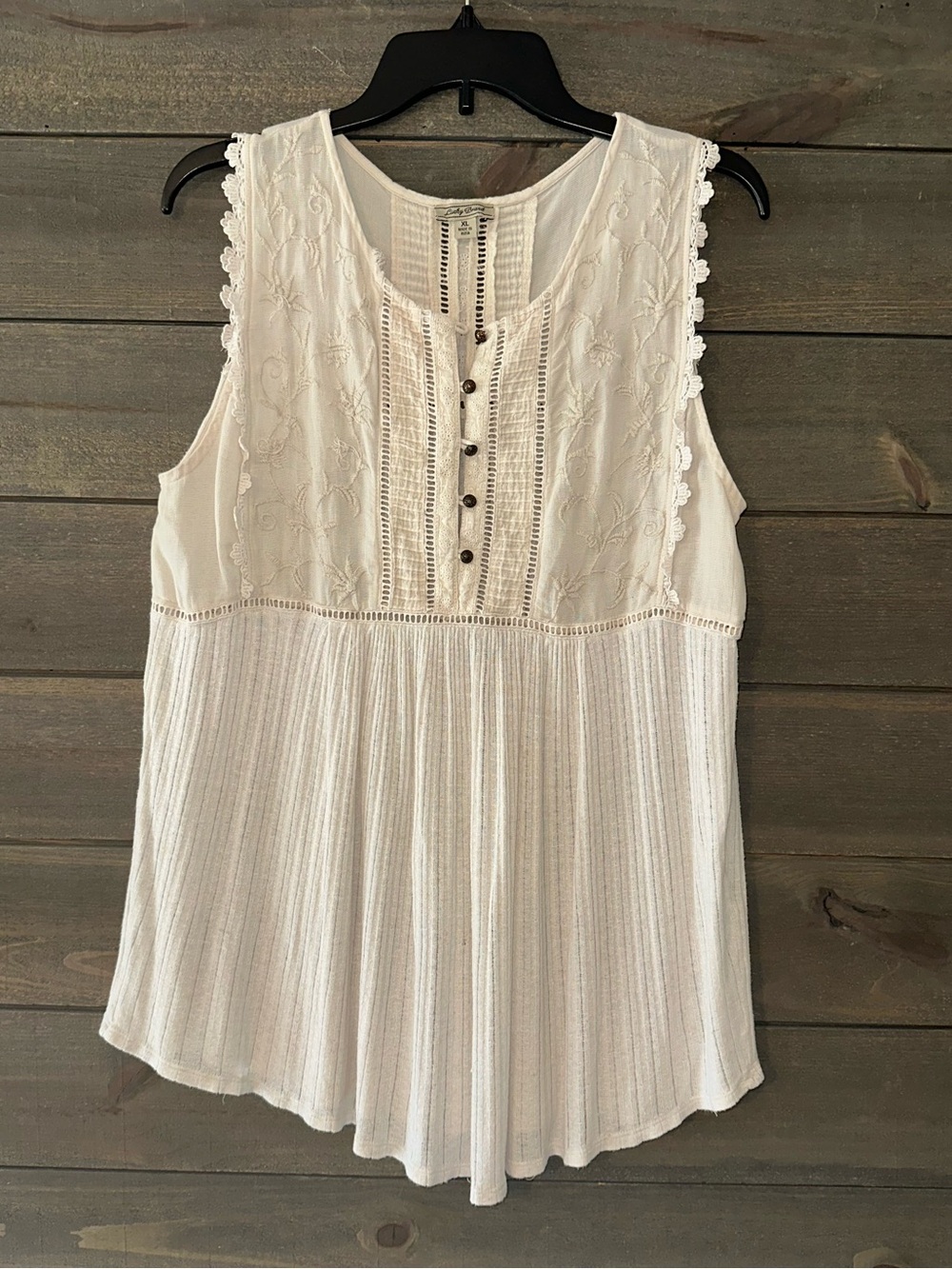 LUCKY BRAND Women's Cream Sleeveless Embroidered Peasant Top